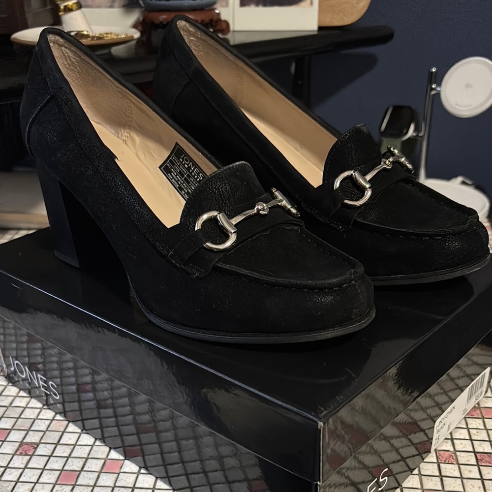 Jones New York Black Loafer Heels with Silver Buckle